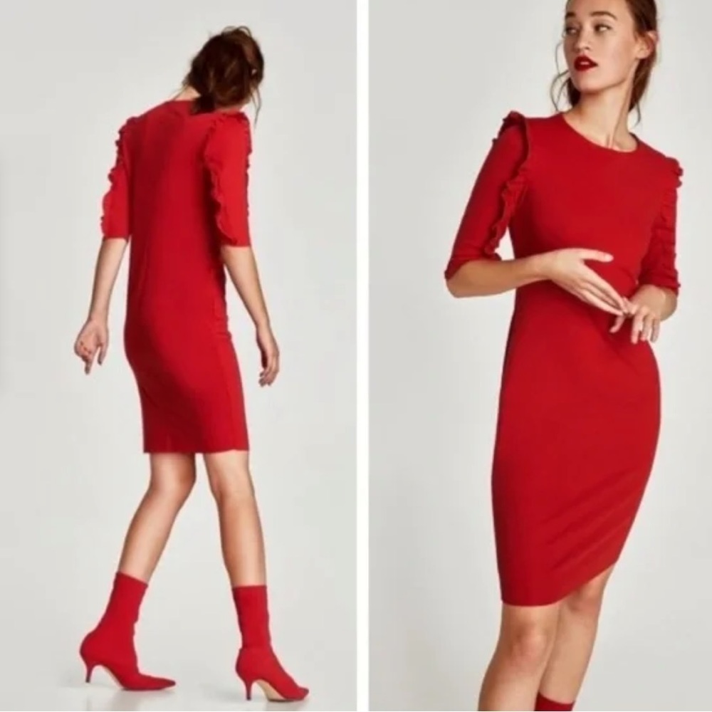 Zara Trafaluc Ponti Di Roma Red Knit Dress Elbow Sleeve Ruffle 3/4 size M - Picture 2 of 14